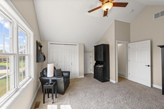 707 W Coolidge Ave, Charleston, IL 61920 - sitting room featuring vaulted ceiling, ceiling fan, and light carpet