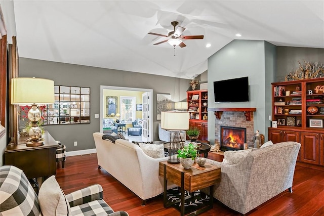707 W Coolidge Ave, Charleston, IL 61920 - living room with a ceiling fan, lofted ceiling, a brick fireplace, dark wood-style flooring, and recessed lighting