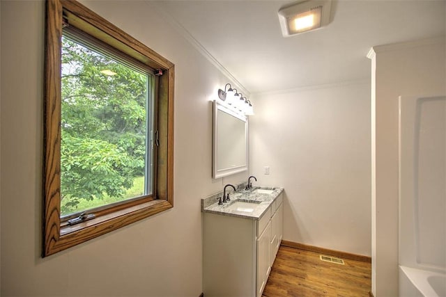 5959 Heritage Ln, Oakley, IL 62501 - full bath featuring vanity, healthy amount of natural light, wood finished floors, ornamental molding, and baseboards