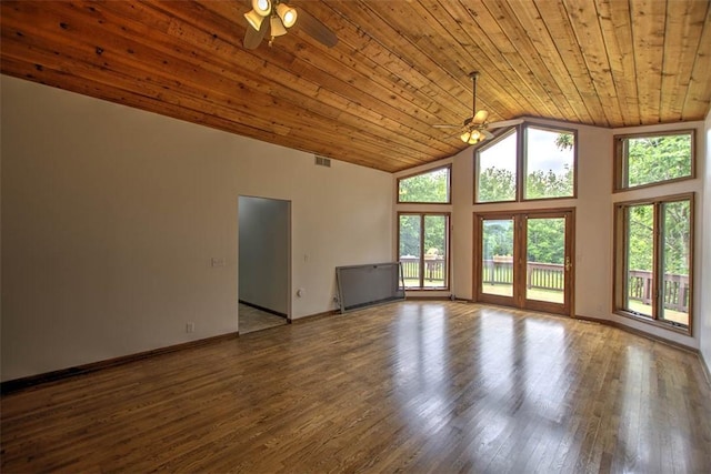 5959 Heritage Ln, Oakley, IL 62501 - unfurnished living room with wood ceiling, a ceiling fan, wood finished floors, high vaulted ceiling, and baseboards