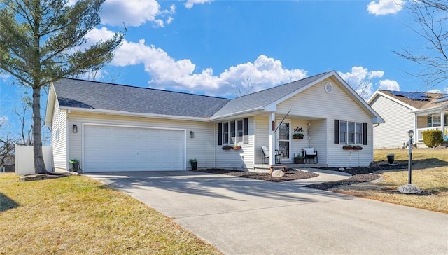 single story home with a garage, driveway, a shingled roof, and a front lawn