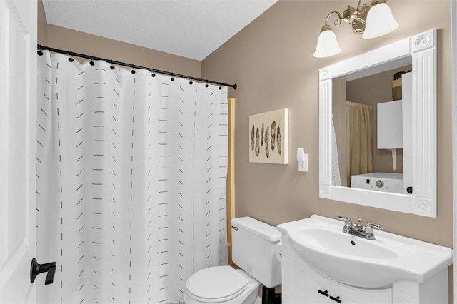 bathroom with toilet, a textured ceiling, a shower with shower curtain, and vanity