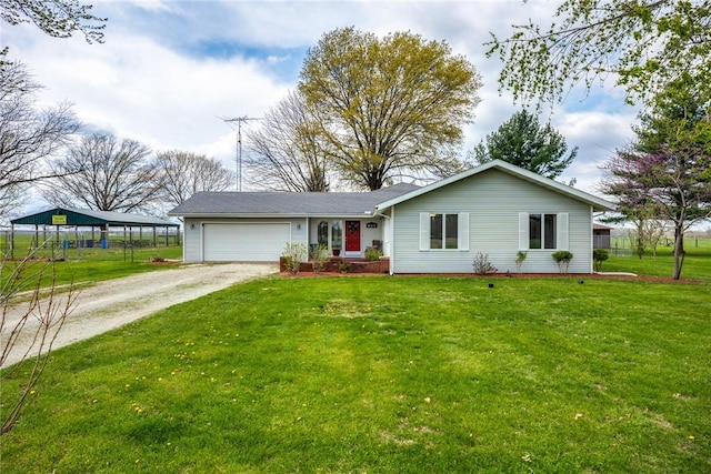 ranch-style house featuring an attached garage, a front lawn, and driveway