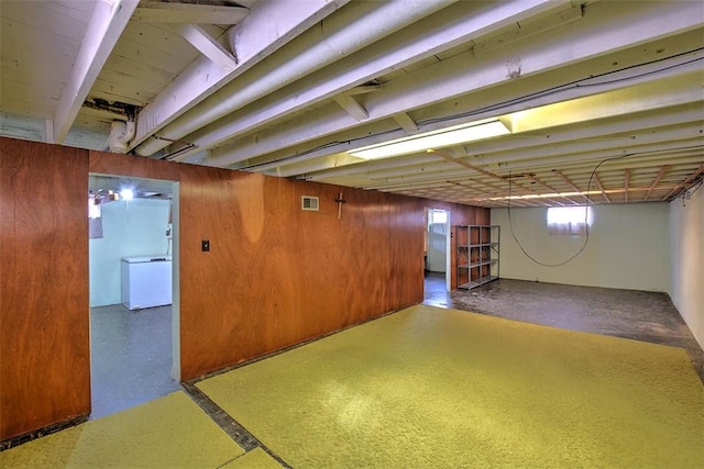 basement with wood walls