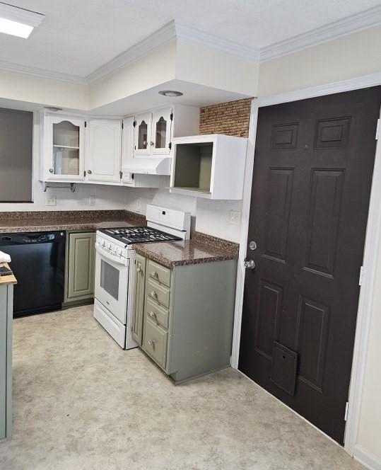 kitchen featuring white range with gas cooktop, glass insert cabinets, dishwasher, under cabinet range hood, and ornamental molding