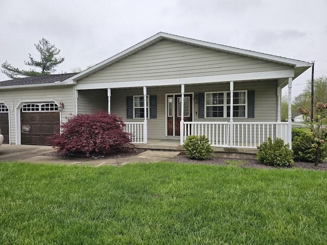 single story home featuring an attached garage, a porch, and a front yard