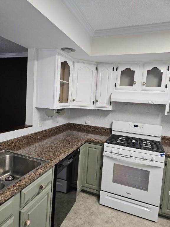 kitchen featuring white range with gas stovetop, ornamental molding, glass insert cabinets, dishwasher, and under cabinet range hood
