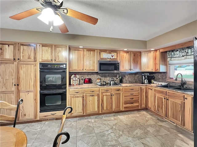 2321 Shelby Ave, Mattoon, IL 61938 - kitchen featuring black appliances, tasteful backsplash, ceiling fan, and recessed lighting