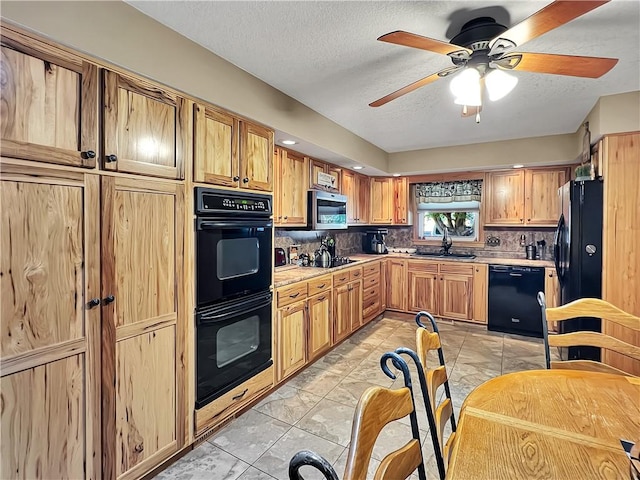 2321 Shelby Ave, Mattoon, IL 61938 - kitchen featuring black appliances, decorative backsplash, ceiling fan, light countertops, and a textured ceiling