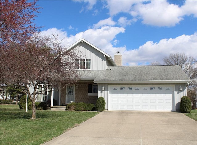 view of front of property featuring driveway, an attached garage, a chimney, and a front yard