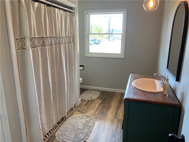 bathroom featuring hardwood / wood-style flooring, vanity, and toilet