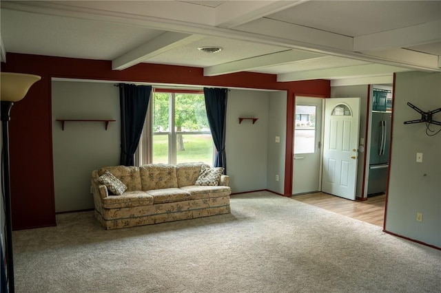 16 Franklin Rd, Bismarck, IL 61814 - carpeted living room with beamed ceiling and baseboards