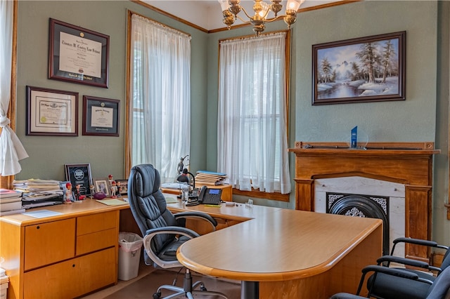 home office featuring crown molding and a notable chandelier