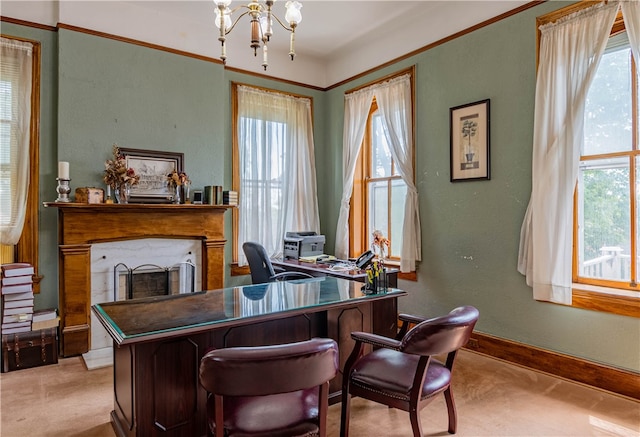 home office with plenty of natural light, light carpet, and an inviting chandelier