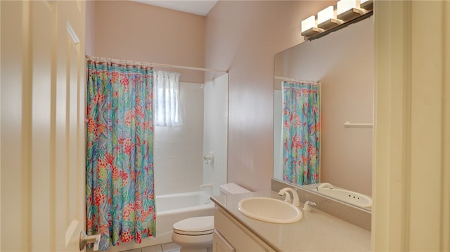 full bath featuring shower / bath combination with curtain, vanity, and toilet