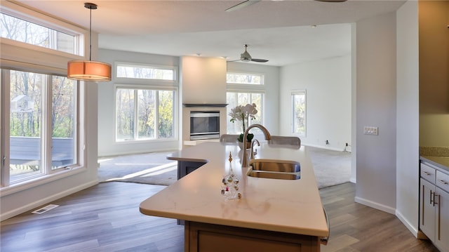 kitchen with light wood-style flooring, visible vents, open floor plan, and a sink