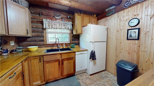 315 W Autumn Dr, Oakwood, IL 61858 - kitchen featuring white appliances, log walls, a wooden ceiling with exposed beams, wooden walls, and brown cabinetry