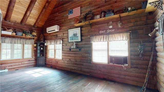 315 W Autumn Dr, Oakwood, IL 61858 - empty room featuring an AC wall unit, hardwood / wood-style flooring, wooden ceiling, log walls, and cooling unit