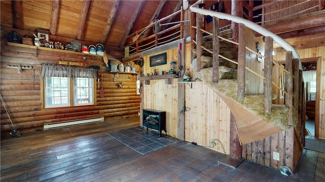 315 W Autumn Dr, Oakwood, IL 61858 - miscellaneous room with baseboard heating, wood-type flooring, high vaulted ceiling, a wooden ceiling with exposed beams, and stairs