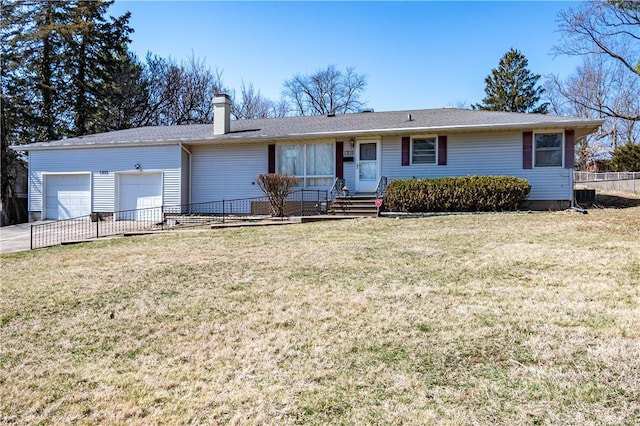 single story home featuring driveway, a front lawn, fence, an attached garage, and a chimney