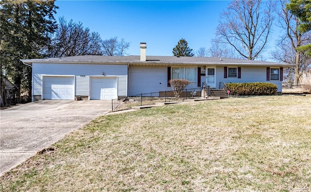 ranch-style house featuring a front lawn, driveway, fence, a garage, and a chimney