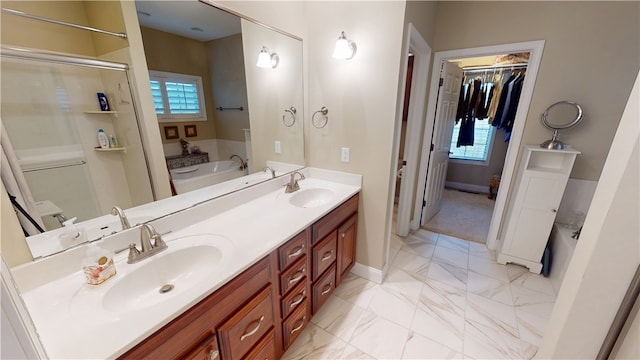 bathroom featuring vanity and plus walk in shower