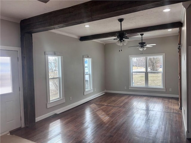 interior space with dark wood-type flooring, beamed ceiling, and baseboards