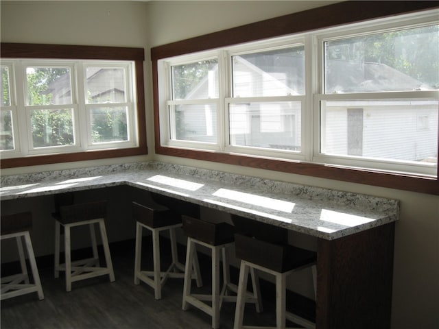 kitchen featuring dark hardwood / wood-style flooring and light stone counters