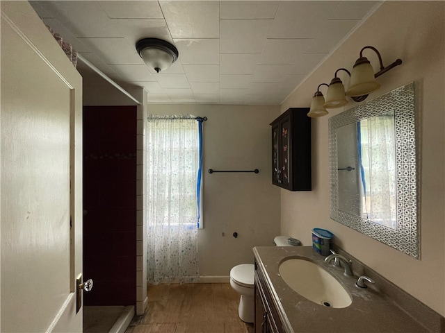 bathroom with vanity, toilet, wood-type flooring, and a shower