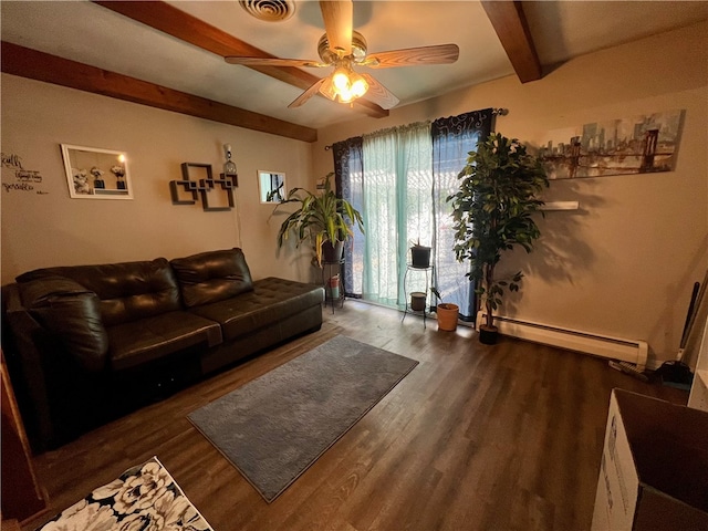 living room featuring beamed ceiling, a baseboard radiator, dark hardwood / wood-style floors, and ceiling fan