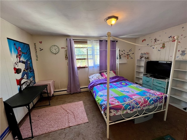 bedroom featuring dark colored carpet