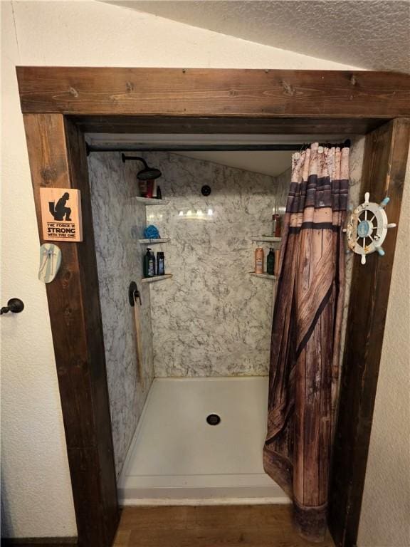 310 N Ellen St, Homer, IL 61849 - bathroom with a shower with curtain, wood finished floors, and lofted ceiling