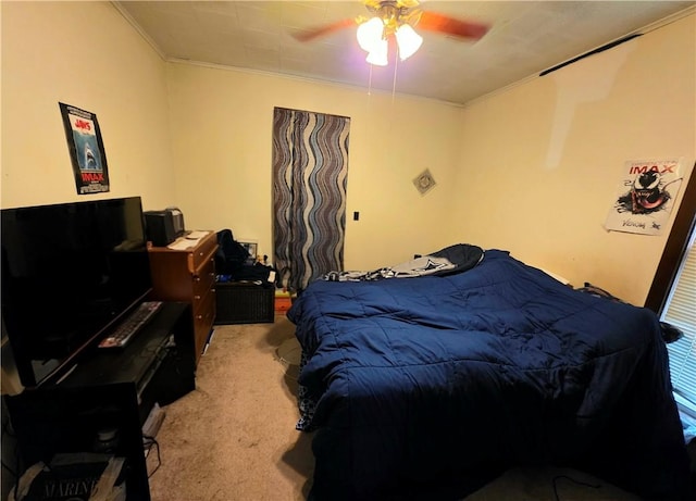 310 N Ellen St, Homer, IL 61849 - bedroom with light carpet, ornamental molding, a desk, and ceiling fan