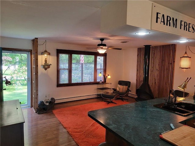 517 W Union St, Nokomis, IL 62075 - living room featuring baseboard heating, wood finished floors, ceiling fan, and a wood stove