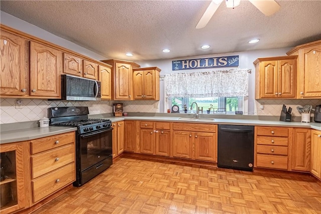 685 E Main St, Warrensburg, IL 62573 - kitchen featuring black appliances, a textured ceiling, backsplash, recessed lighting, and a ceiling fan