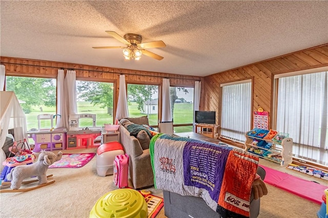685 E Main St, Warrensburg, IL 62573 - carpeted living room featuring plenty of natural light, ceiling fan, a textured ceiling, and wooden walls