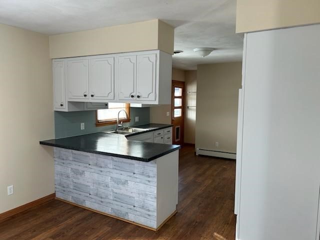 kitchen with white cabinets, dark hardwood / wood-style flooring, sink, and baseboard heating