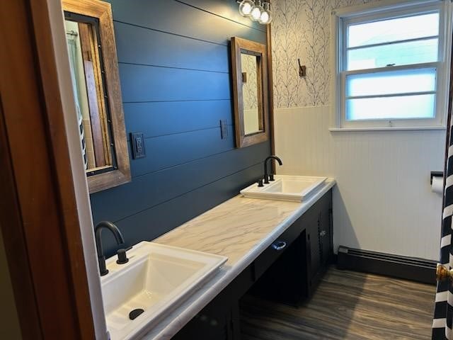 bathroom with wooden walls, vanity, and hardwood / wood-style flooring