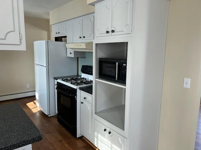 kitchen featuring white cabinets, baseboard heating, gas range gas stove, and range hood