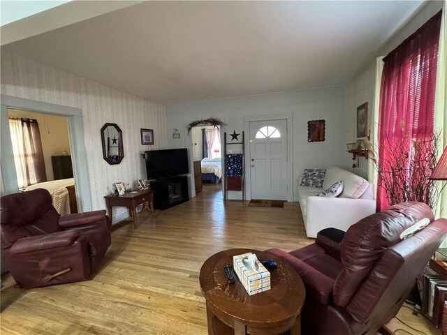 living room with a wealth of natural light and light hardwood / wood-style flooring