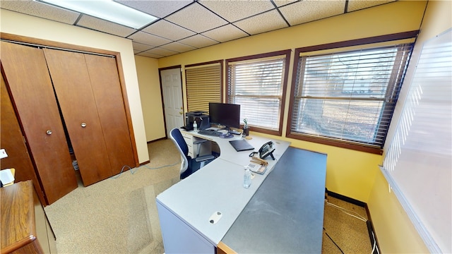 carpeted home office featuring a paneled ceiling