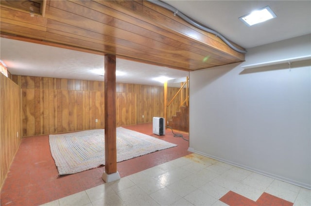 325 S Durfee St, Warrensburg, IL 62573 - finished below grade area featuring wooden walls, tile patterned floors, and stairway