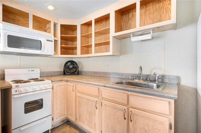 9219 E Best Ct, Effingham, IL 62401 - kitchen featuring white appliances, open shelves, and light brown cabinets
