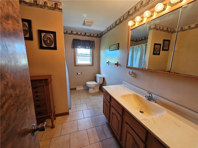 full bathroom featuring visible vents, toilet, tile patterned flooring, baseboards, and vanity