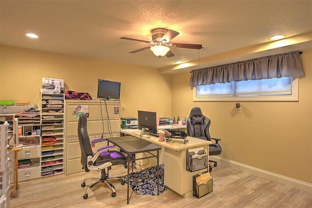 office featuring ceiling fan, a textured ceiling, and light wood-type flooring