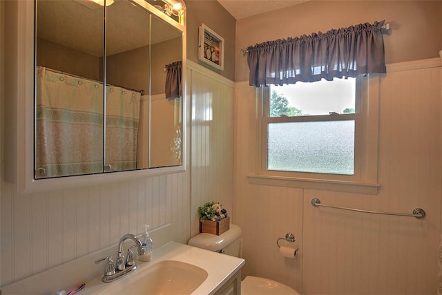 bathroom featuring vanity, walk in shower, and toilet