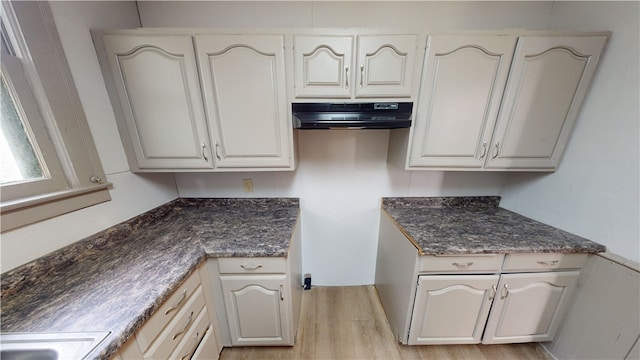 1204 N Franklin St, Danville, IL 61832 - kitchen with under cabinet range hood, light wood finished floors, and dark stone counters