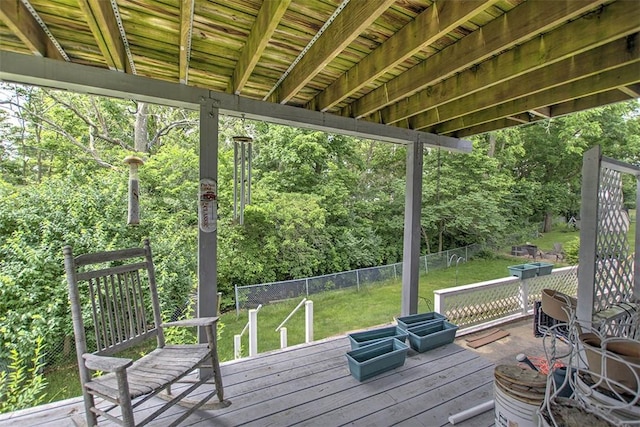 1065 S Wildwood Dr, Mt Zion, IL 62549 - wooden terrace featuring a fenced backyard and a wooded view