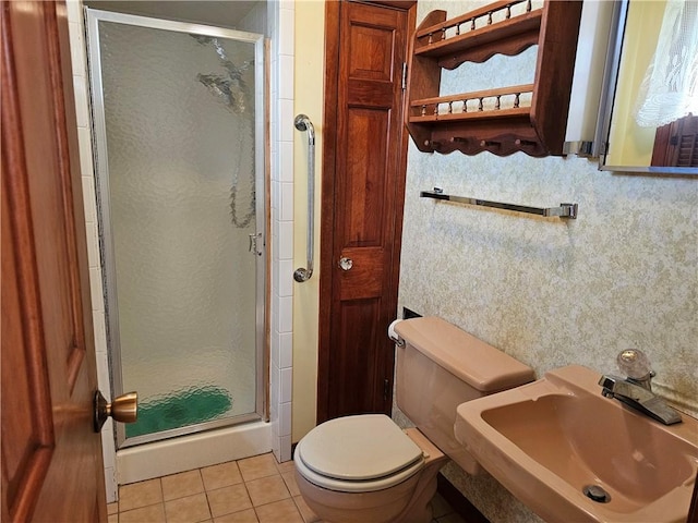 202 E Madison St, Toledo, IL 62468 - full bathroom featuring a sink, a shower stall, toilet, and tile patterned flooring