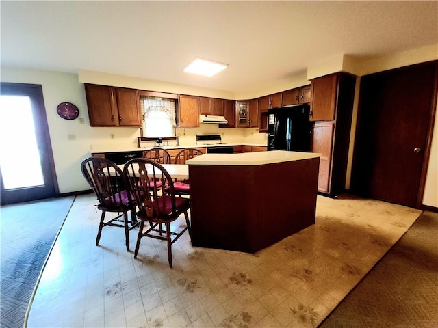 803 S Lafayette St, Newton, IL 62448 - kitchen with freestanding refrigerator, under cabinet range hood, electric stove, light countertops, and glass insert cabinets
